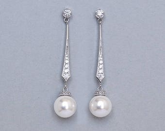 Bridal pearl earrings, CZ crystal wedding earrings, Long dangle pearl earrings, Pearl drop earrings Swarovski pearls Silver bridal jewelry