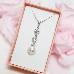 Long Pearl Necklace Wedding Crystal Pendant, Bridal Silver Chain CZ ...