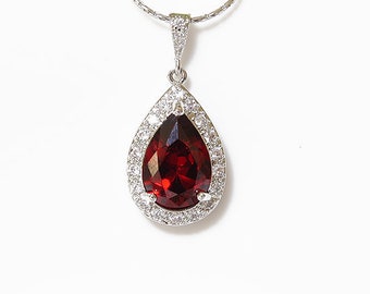 Red garnet necklace, Ruby red bridal necklace, Cubic zirconia wedding necklace, Garnet ruby wedding, Large teardrop crystal necklace