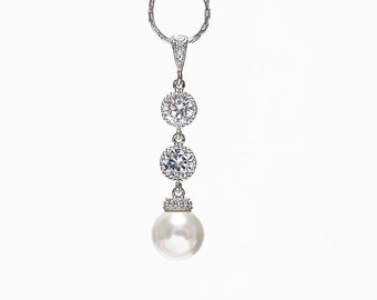 Long pearl necklace Wedding crystal pendant, Bridal silver chain CZ Zirconia necklace Swarovski ivory white pearl drop simple bridal jewelry