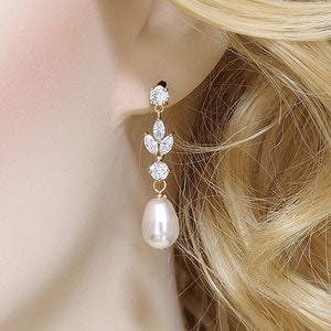 Bruidsparel oorbellen, Gouden bruiloft oorbellen, kristallen parel oorbellen, bruiloft parel oorbellen bungel drop oorbel Swarovski teadrop parels