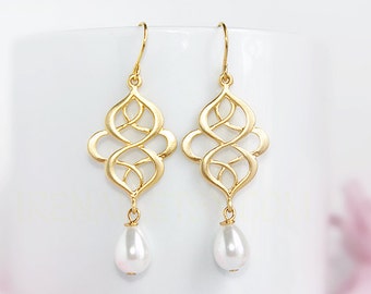 Gold infinity earrings Gold filigree white teardrop pearl earrings dangle Wedding jewelry Gold and pearl bridal earrings, Gold pearl drops