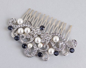 Vintage Pearl Rhinestone Hair Comb: Goldtone Silvertone 