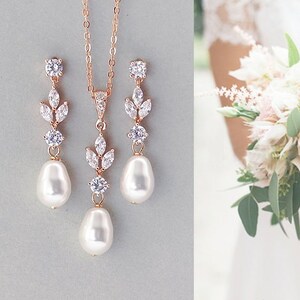 Bridal pearl jewelry set, Rose gold wedding earrings and necklace set, Crystal dangle post Swarovski teadrop pearl earrings image 9