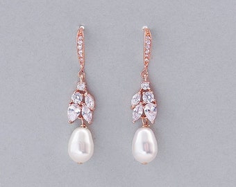 Bridal pearl earrings, Crystal pearl earrings, Tear drop rose gold earrings, wedding dangle pearl drop earring Swarovski teadrop pearls