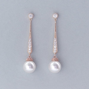 Bridal pearl earrings, Long rose gold earrings, CZ crystal wedding earrings, Dangle pearl earrings, Pearl drop earring Rose gold jewelry