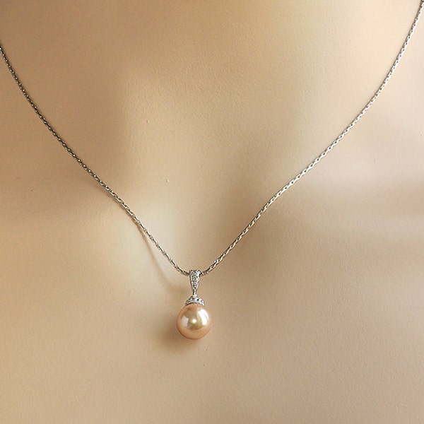 Wedding bridal pearl necklace, Blush pink pearl bridal jewelry, Silver chain pendant necklace, Light pink pearl drop bridal minimal simple