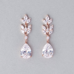 Bridal earrings, Rose gold wedding earrings, Silver, gold crystal teardrop dangle earrings Branch Leaf rose gold bridal jewelry