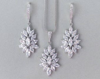 Kristall Brautschmuck Set Hochzeit Ohrringe Halskette Set CZ Cubic Zirconia Marquise Schmuckset Teardrop baumeln Ohrringe und Halskette Set
