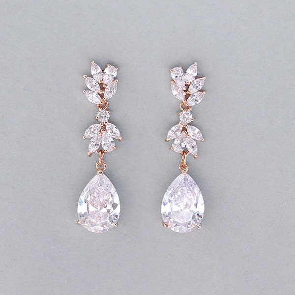 Rose gold wedding earrings, Crystal bridal earrings, CZ chandelier earrings Crystal tear drop dangle earrings, Rose gold drop bridal jewelry