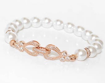 Rose gold bridal bracelet Crystal wedding pearl bracelet Swarovski pearls Wedding jewelry zirconia Rose gold bridal White cream bracelet