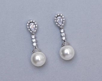 Boucles d’oreilles en perles de mariée, boucles d’oreilles en perles en cristal CZ, boucles d’oreilles en goutte de perle de mariage Swarovski teadrop perles blanches ou crème Bijoux de mariée en argent