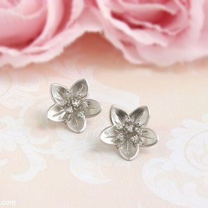 Cherry blossoms post earrings, Silver flower stud earrings, Gold flower jewelry, Dainty flower posts, Cubic zirconia sterling silver earring