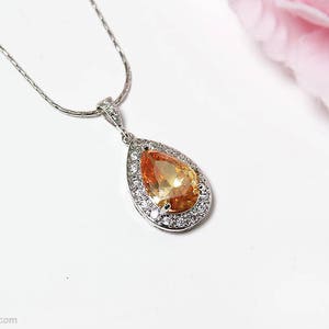 Champagne bridal necklace, Peach wedding necklace, Cubic zirconia necklace, Peach wedding, Large teardrop crystal vhampagne necklace