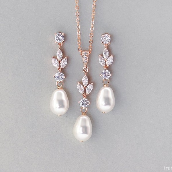 Conjunto de joyería de perlas nupciales, conjunto de pendientes y collar de boda de oro rosa, pendientes de perlas de forma de lágrima de cristal colgante de Swarovski