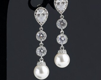 Pendientes largos de perlas nupciales Colgantes de gota de boda Pendientes de cristal CZ Postes de cristal Swarovski perla blanca Joyería nupcial de plata Zirconia cúbica