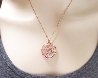 Médaillon en or rose, Collier de médaillon photo, Pendentif de médaillon rond, Médaillon photo floral stratifié et long, Médaillon en or rose photo photo