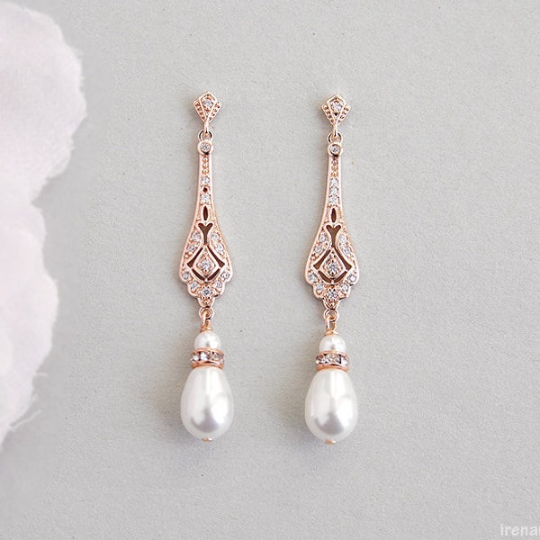 Rose gold bridal earrings, Swarovski pearl drop earrings, Vintage style Long earrings, Old Hollywood wedding Art Deco crystal dangle earring