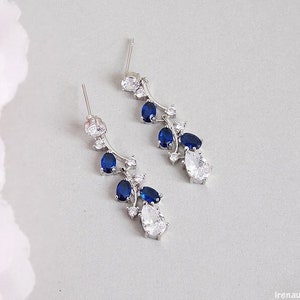 Sapphire blue earrings, Navy blue bridal earrings, Long crystal wedding earrings, CZ dangle earrings Silver drop earrings Chandelier CZ