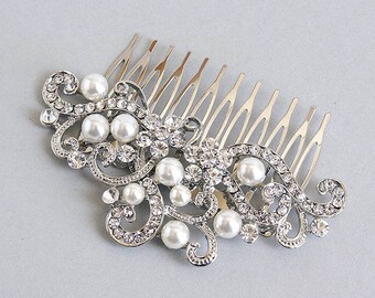 Wedding hair comb Bridal hair comb Swarovski white pearl rhinestone hair comb Swarovski crystal wedding silver hair comb Filigree comb