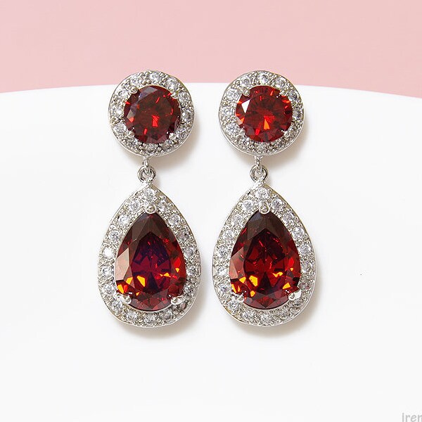 Ruby red earrings, Garnet bridal earrings, Red zirconia dangle earrings, Red garnet wedding Large teardrop crystal earrings Red ruby jewelry