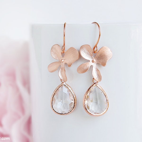 Rose gold orchid earrings, Clear crystal wedding earrings, Flower drop dangle earrings, Orchid flower earrings Rose gold bridesmaid Earrings
