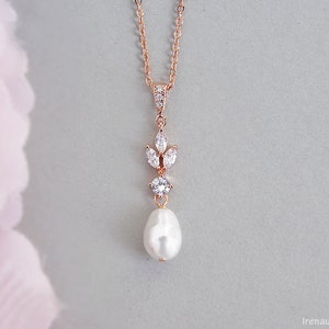 Bridal pearl necklace, Rose gold necklace, Crystal pearl pendant minimal dainty wedding dangle pearl drop necklace Swarovski teardrop pearl