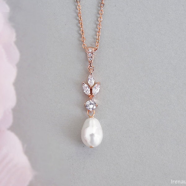 Braut Perlenkette, Rose gold Halskette, Kristall Perle Anhänger minimal zierlich Hochzeit baumeln Perlentropfen Halskette Swarovski Tropfenperle