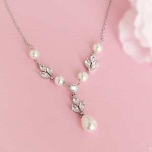 Crystal bridal Y necklace CZ Cubic Zirconia wedding pearl necklace Clear crystal tear drop silver necklace bridal rhinestone necklace pearl