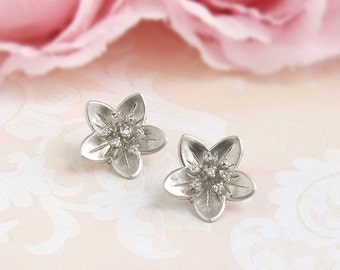 Cherry blossoms post earrings, Silver flower stud earrings, Gold flower jewelry, Dainty flower posts, Cubic zirconia sterling silver earring