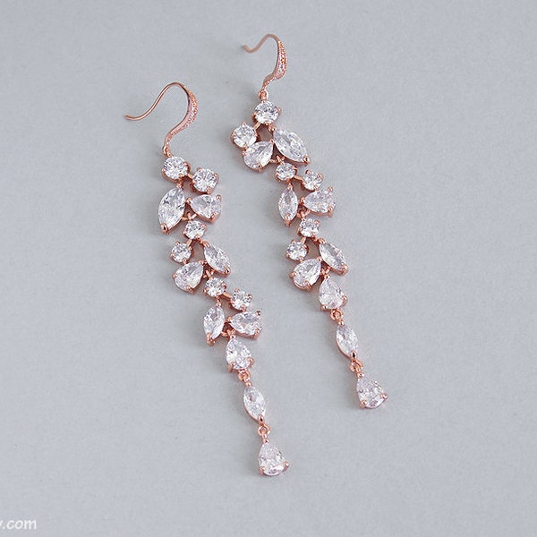 Rose gold crystal chandelier wedding earrings, Long bridal earrings, Marquise wedding earrings CZ dangle earrings Cubic Zirconia crystal