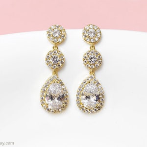 Brincos de casamento de ouro, brincos de noiva de cristal longo Brincos de cristal em forma de lágrima Joias de noiva CZ pendentes em forma de lágrima brincos de ouro zircônia cúbica