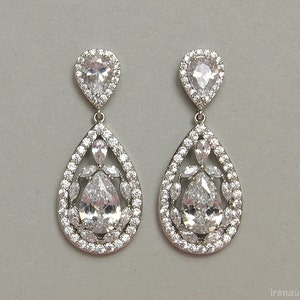 Brincos de noiva de cristal lágrima de casamento brincos pendurados de zircônia cúbica grandes brincos de gota CZ prata cristal claro pendurado pêra diamante look
