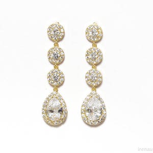 Gold crystal earrings, Long bridal earrings Teardrop wedding earrings Bridal jewelry CZ dangle teardrop gold earrings Cubic Zirconia crystal