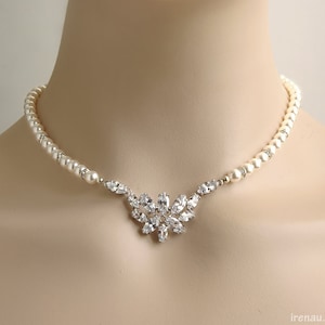 Bridal pearl necklace, Crystal wedding necklace, bridal jewelry CZ wedding necklace, Swarovski white pearl Cubic Zirconia Rhinestone bridal