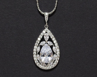 Crystal bridal necklace Wedding necklace Cubic Zirconia teardrop pendant necklace CZ bridal jewelry Bridal necklace crystal tear drop silver