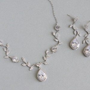 Bridal jewelry set, CZ bridal set, Vine Floral Y necklace and earrings set, Wedding jewelry cubic zirconia, Silver bridal jewelry crystal image 1