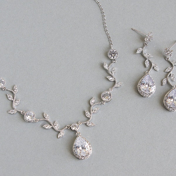 Bridal jewelry set, CZ bridal set, Vine Floral Y necklace and earrings set, Wedding jewelry cubic zirconia, Silver bridal jewelry crystal