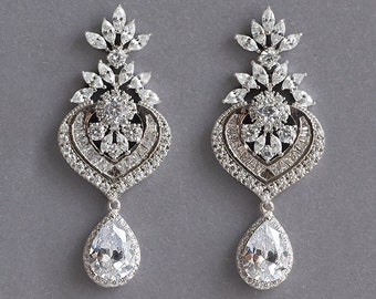 Cristal Boucles d’oreilles nuptiales Lustre argent boucles d’oreilles mariage CZ bijoux de mariée zircone pendent larme grande boucle d’oreilles de mariée art déco