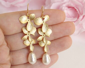 Gold Orchid Dangle Earrings, Swarovski Pearl Bridal Earrings