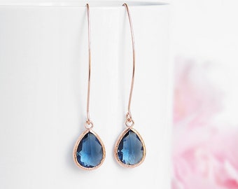 Navu blue drop earrings, Rose gold sapphire teardrop earrings, Montana long dangle earrings, Navy blue wedding jewelry gift for her mom girl