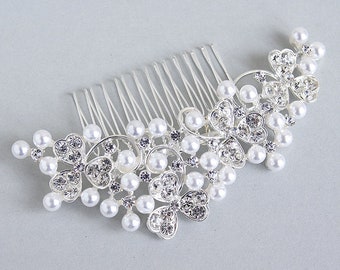 Swarovski pearl wedding hair comb, Crystal bridal hear comb, Swarovski silver flower comb Rhinestone Headpiece floral bridal accessories