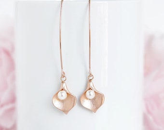 Rosegold Calla Lilie Ohrringe, Lange Ohrringe Braut Calla Lilie Blume Ohrringe Rosegold Hochzeit Schmuck Geschenk für sie Mama Mädchen
