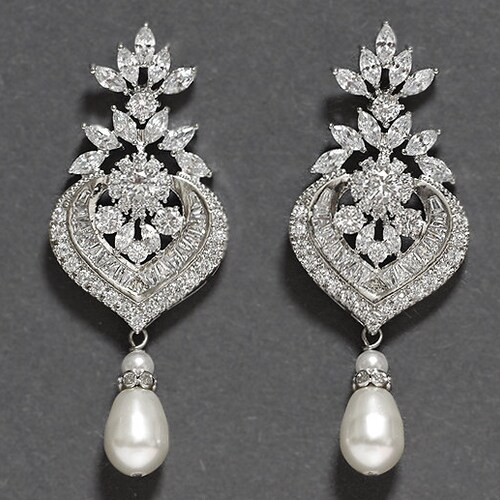 Crystal Bridal Pearl Earrings Long Silver Chandelier Wedding - Etsy