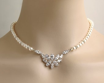 Collier de perles de mariée, Collier de mariage en cristal, bijoux de mariée CZ collier de mariage, Perle blanche Swarovski Cubic Zirconia Strass nuptiale