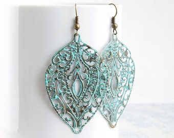 Big aqua blue dangle earrings, Long blue patina leaf earrings, Metal lace filigree earrings, Turquoise drop earrings, Vintage boho bohemian