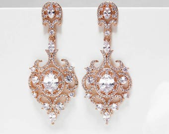 Crystal bridal earrings Rose gold CZ wedding earrings Chandelier earrings, Vintage style CZ earrings Cubic Zirconia wedding bridal jewelry