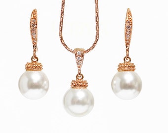 Juego de joyas de oro rosa Conjunto de collar de pendientes de perlas nupciales, Juego de joyas de perlas de boda simple, Juego colgante de perlas de cristal CZ regalo de dama de honor