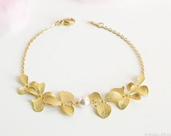 Pulseira de ouro orquídea pérola pulseira de noiva Swarovski pulseira de flor de pérola branca Orquídea casamento nupcial floral delicado delicado pulseira de ouro