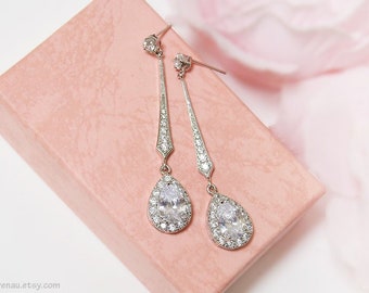 Pendientes de novia Art Deco, pendientes de boda de cristal, pendientes largos colgantes de gota de plata Chandelier CZ pendientes de lágrima Joyería nupcial de plata